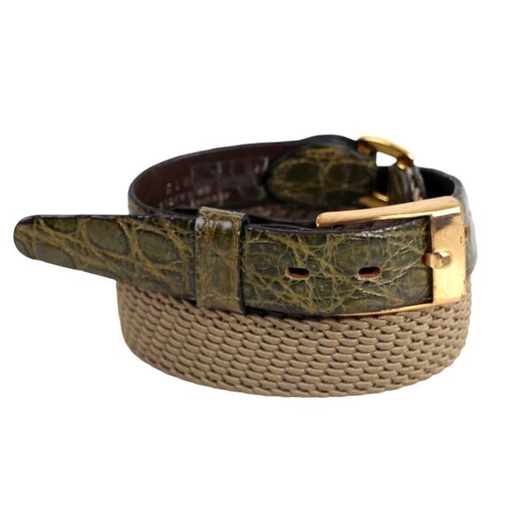 VTG GREEN ALLIGATOR CALFSKIN BEIGE ELASTIC 1"Wd CASUAL DRESS BELT Sz 40 (B36 - Picture 1 of 15